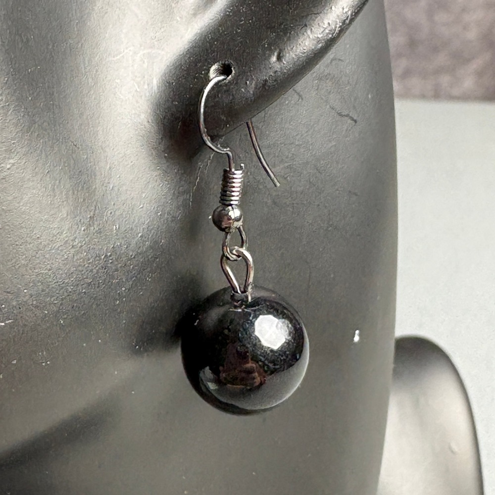 Handmade Black Bead Drop Earrings Gunmetal Fishhook Minimalist Dangle Jewelry